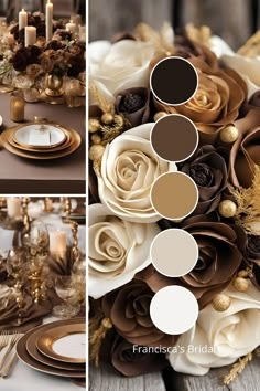 the table is set with brown and white flowers, gold plates, candles and napkins