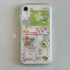 a cell phone case with stickers on the front and back cover, featuring a dog