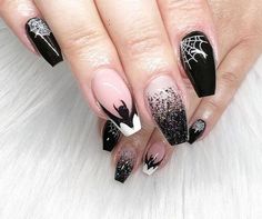 9. Glittering Bats and Webs Glitter Ombre Nails Halloween, Ombre Nails Halloween, Black Halloween Nail Designs, Spiderweb Nails, Glitter Ombre Nails, Matte Black Background, Black Halloween Nails, Bats Flying, Holloween Nails