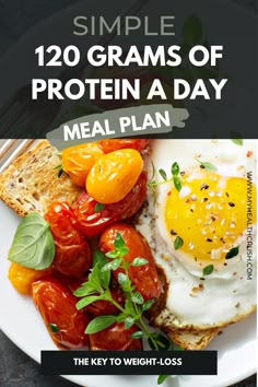 a plate with eggs, tomatoes and toast on it that says simple 120 grams of protein a day meal plan