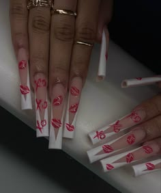 Valentines Red Nails, Vday Nails, Acrylic Toe Nails, Long Acrylic Nail Designs, Drip Nails, Nail Designs Valentines, Long Acrylic Nails Coffin, White Nail Designs, Unique Acrylic Nails