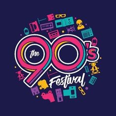 the 90's festival logo is shown in this graphic art style, with various icons surrounding it