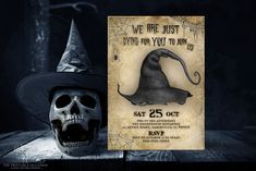 a halloween party flyer with a skull wearing a witches hat and a black mask on the table