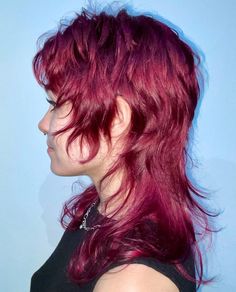 Female Mullet Wavy Hair, Dark Red Mullet, Red Shaggy Hair, Red Mullet Hair, Red Hair Mullet, Long Shag Mullet, 80s Shag, Goth Mullet, Feminine Mullet