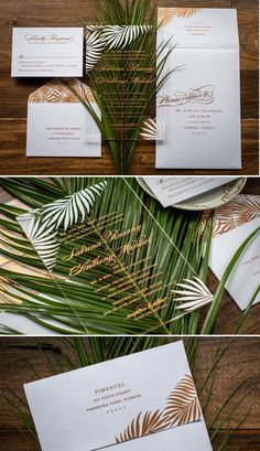 the wedding stationery is laid out on top of each other, with palm leaves