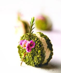 a piece of broccoli covered in green stuff with pink flowers on the top