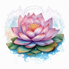 a pink lotus flower with green leaves floating on water