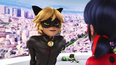 the animated catwoman is standing in front of a cityscape with green eyes