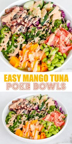 this easy mango tuna poke bowl is loaded with fresh vegetables and lots of protein to make it