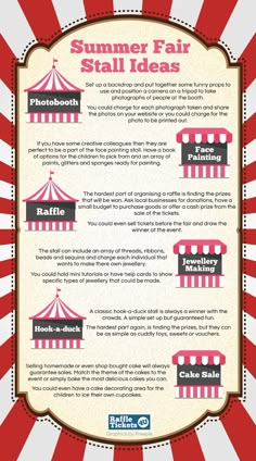 an info sheet with the words summer fair stall ideas in red and white striped background