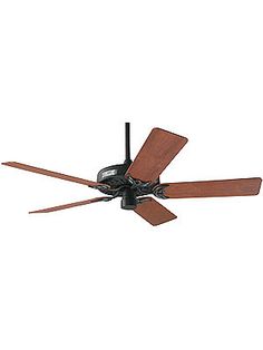 a ceiling fan with three wooden blades on the top and two dark wood blades on the bottom