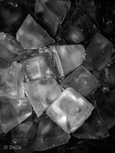 black and white photograph of ice cubes