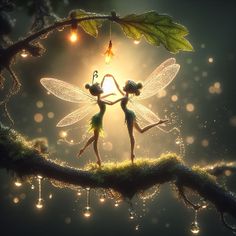 two tinkerbells are dancing on a tree branch with lights in the background