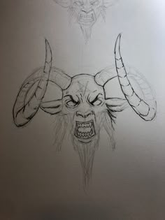 two drawings of bulls with horns and fangs