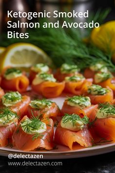 a plate full of smoked salmon and avocado bites