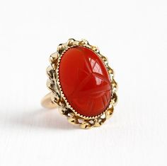 Vintage 12k Rosy Yellow Gold Filled Carved Carnelian Scarab Ring - Retro Adjustable Egyptian Revival Beetle Large Red Gem Statement Jewelry by Maejean Vintage on Etsy Scarab Ring, Egyptian Revival, Metal Work, Deep Red, Statement Jewelry