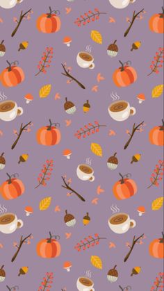 a purple background with pumpkins, leaves and coffee cups