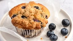 a blueberry muffin sitting on top of a white plate next to some blueberries