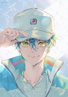 an anime character with blue hair and yellow eyes wearing a baseball cap over his head