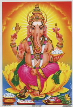 the god ganesha is sitting in front of a colorful background