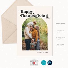 a card with the words happy thanksgiving on it and an image of a family hugging each other