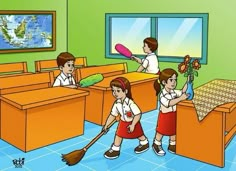 there are children cleaning the classroom with brooms