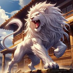 a white lion standing in front of a building