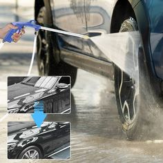 a person is spraying water on the car's wheels with a sprayer and hose