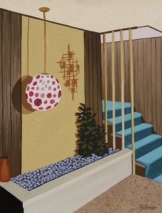 a painting of a room with blue stairs and a potted tree in the corner