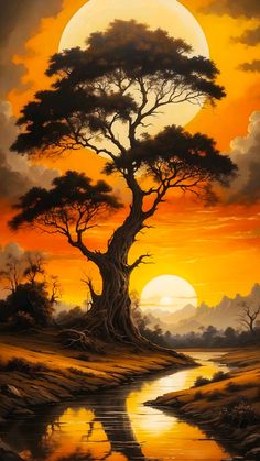 a painting of a sunset with a tree in the foreground and a river running through it