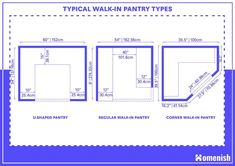 a blue and white floor plan with measurements for different types of wall - in pantrys