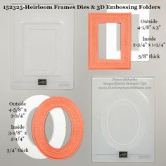 an assortment of frames and embossing folders with measurements for each piece in the package