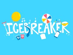 the words icebreaker are surrounded by various items on a blue background, including an umbrella and