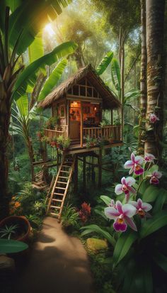 a tree house in the middle of a jungle with flowers on the ground and stairs leading up to it