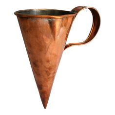 a copper colored metal vase with a curved neck and triangular shape, on a white background