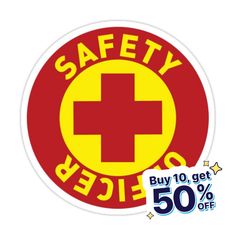 a red and yellow sticker with the words safety rescue on it