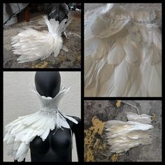 three pictures of white feathers on a mannequin