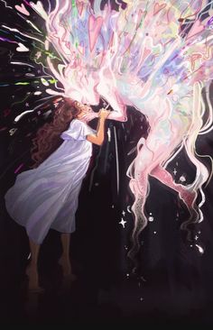 a woman with her hair blowing in the wind while standing next to a pink unicorn