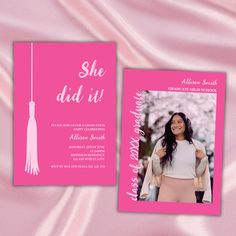 a pink graduation card with a photo and tassel