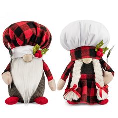 two stuffed gnomes dressed in red, black and white plaid outfits one wearing a chef's hat