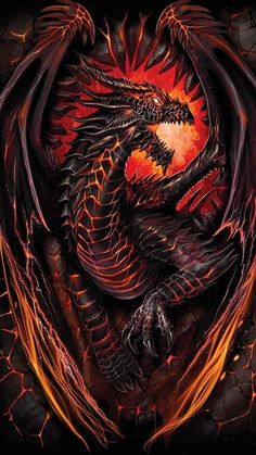 a black dragon sitting on top of a red and yellow fire filled ground with its mouth open