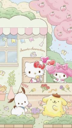 hello kitty and her friends are in front of a store window with flowers on the windowsill