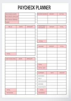 a printable pay sheet with the words paycheck planner in pink on it