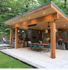 an outdoor kitchen and dining area is shown