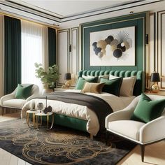 a bedroom with green and white decor in the corner, along with two couches