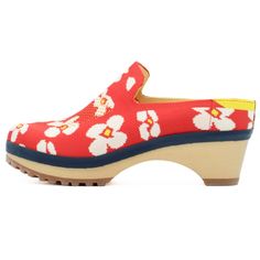 CLEARNACE: All sales are final Color: PHLOXY RED - A whimsical bright floral print! Crafted for sustainability and comfort, the Viola Clog features an exclusive fly-knit upper made entirely from 100% post-consumer recycled materials. Designed with a breathable mesh panel and just the right amount of stretch, these clogs offer a personalized fit that adapts to your foot. The solid wood base, precisely milled with gentle contours, ensures all-day comfort, while the lug tread rubber sole delivers s Comfortable Red Summer Clogs, Playful Slip-on Clogs For Spring, Yellow Clogs For Spring, Comfortable Yellow Clogs For Spring, Comfortable Yellow Spring Clogs, Crafts From Recycled Materials, Eco Chic, Clogs Shoes, Mesh Panel