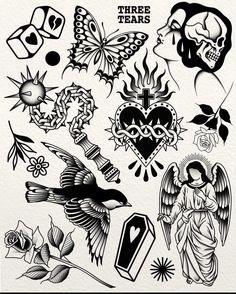 an assortment of tattoos and designs on white paper with black ink, including roses, hearts,