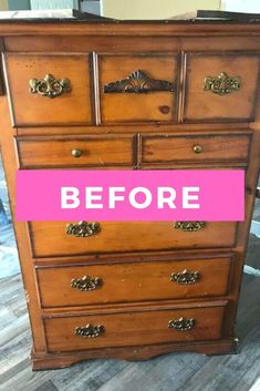 an old dresser has been painted pink and gold with the words before it is cleaned