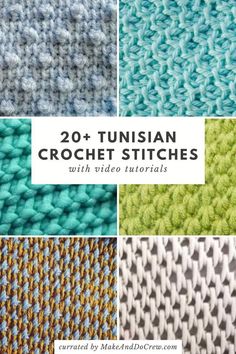 knitted crochet stitches with text overlay that says 20 + tunisan crochet stitches