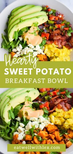 a bowl filled with eggs, avocado and bacon